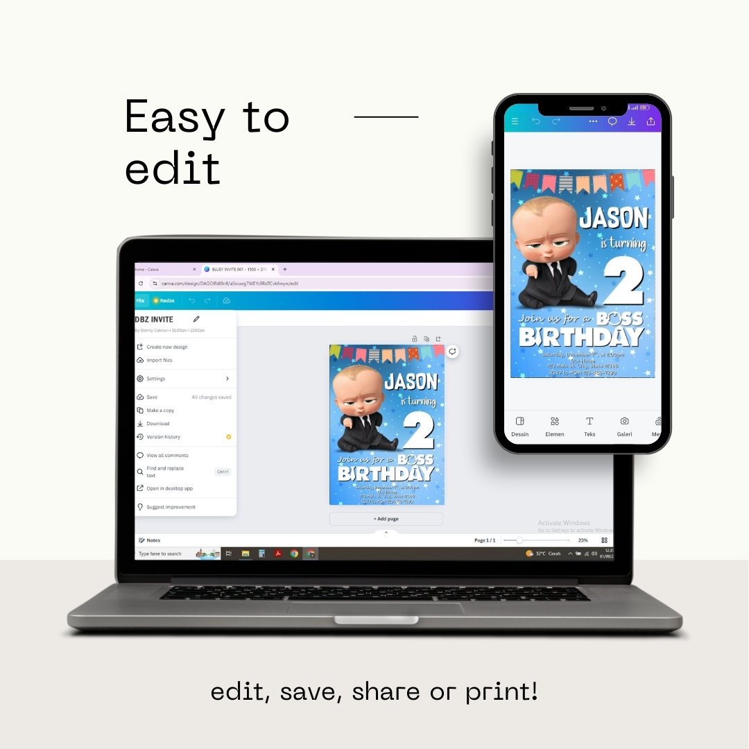 Editable Boss Baby 2nd Birthday Invitation Template | Canva Template