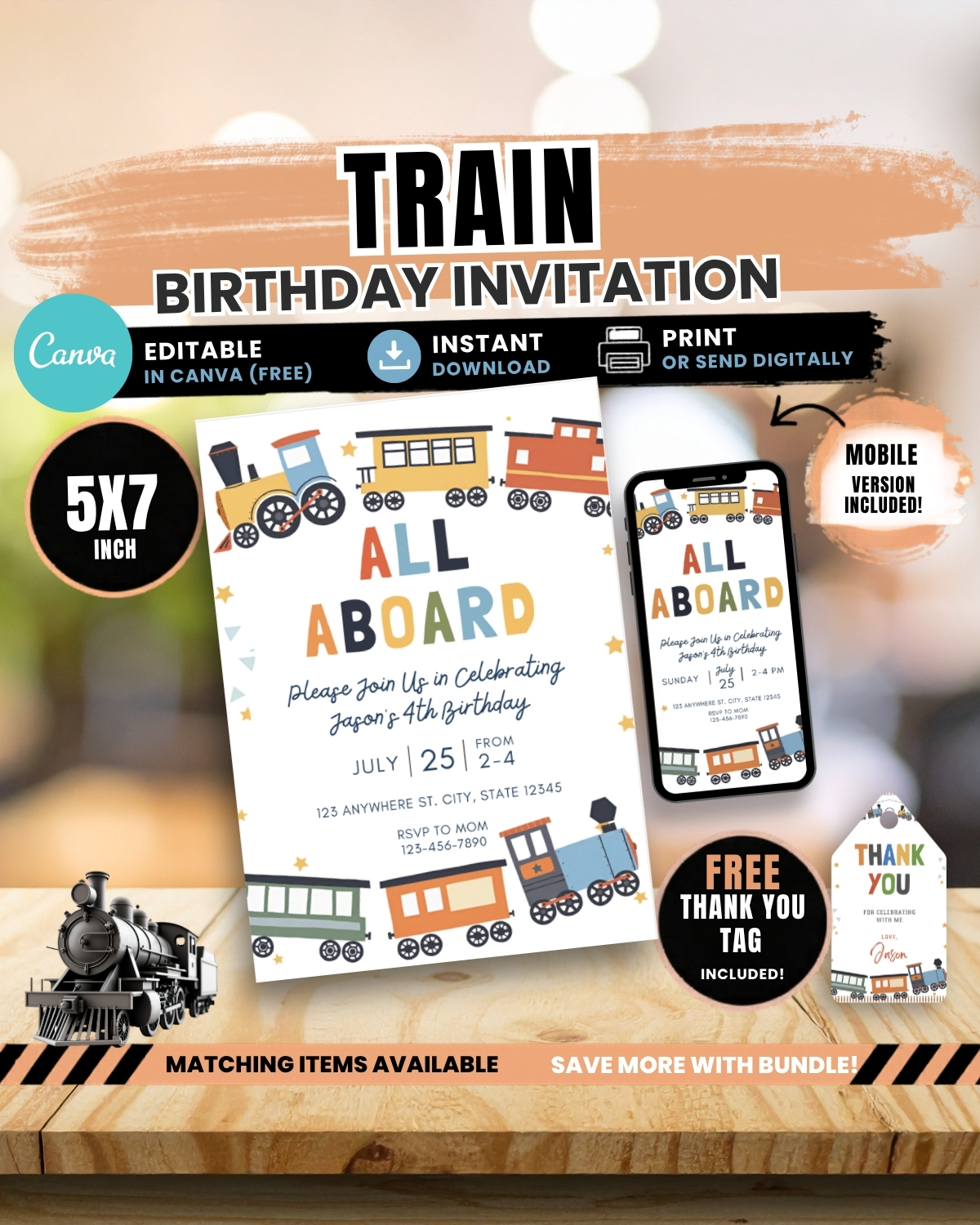 Train Birthday Invitation, Editable party invite, Canva instant donload