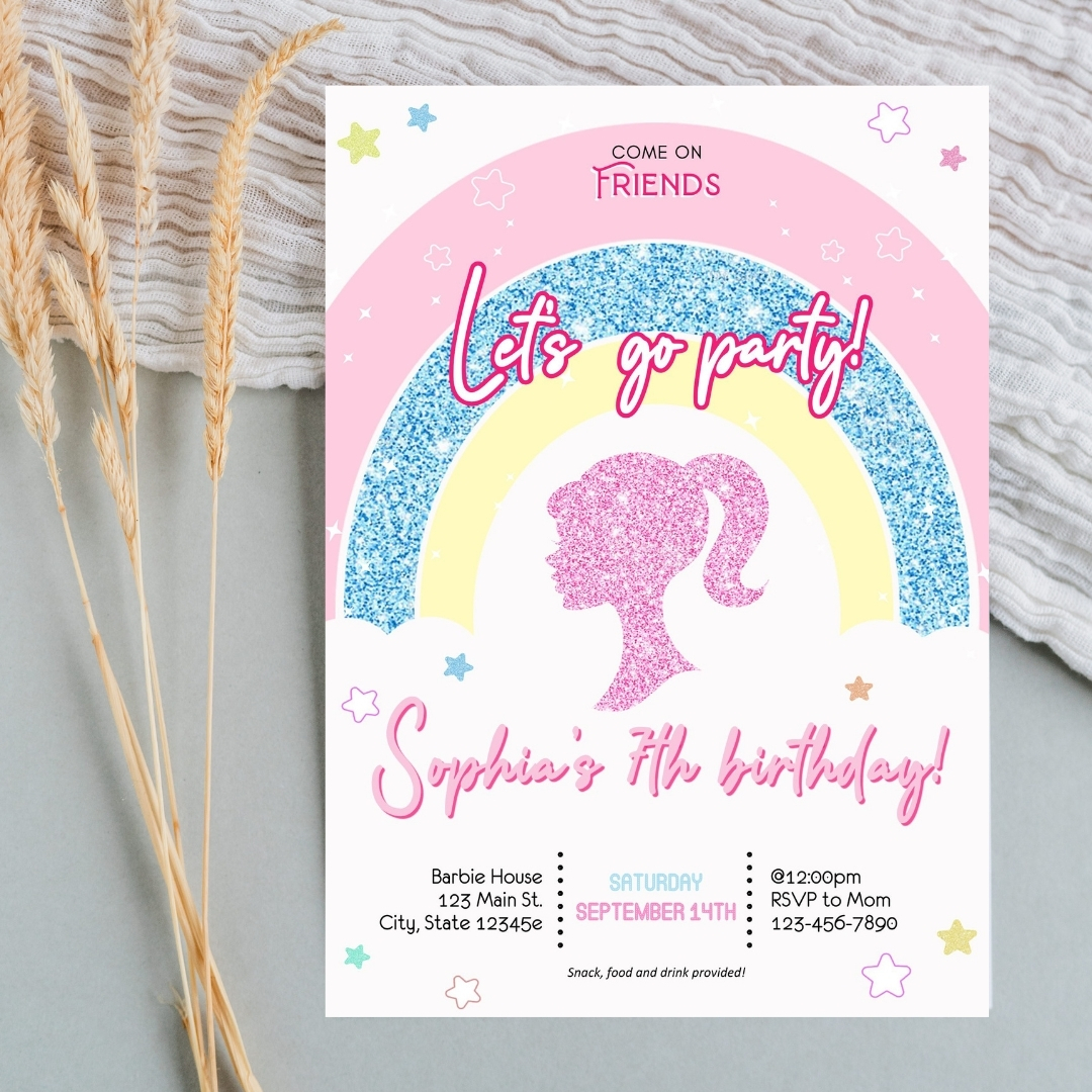 Modern Graphic Barbie "Let's Go Party" Invitation Template | Editable Canva