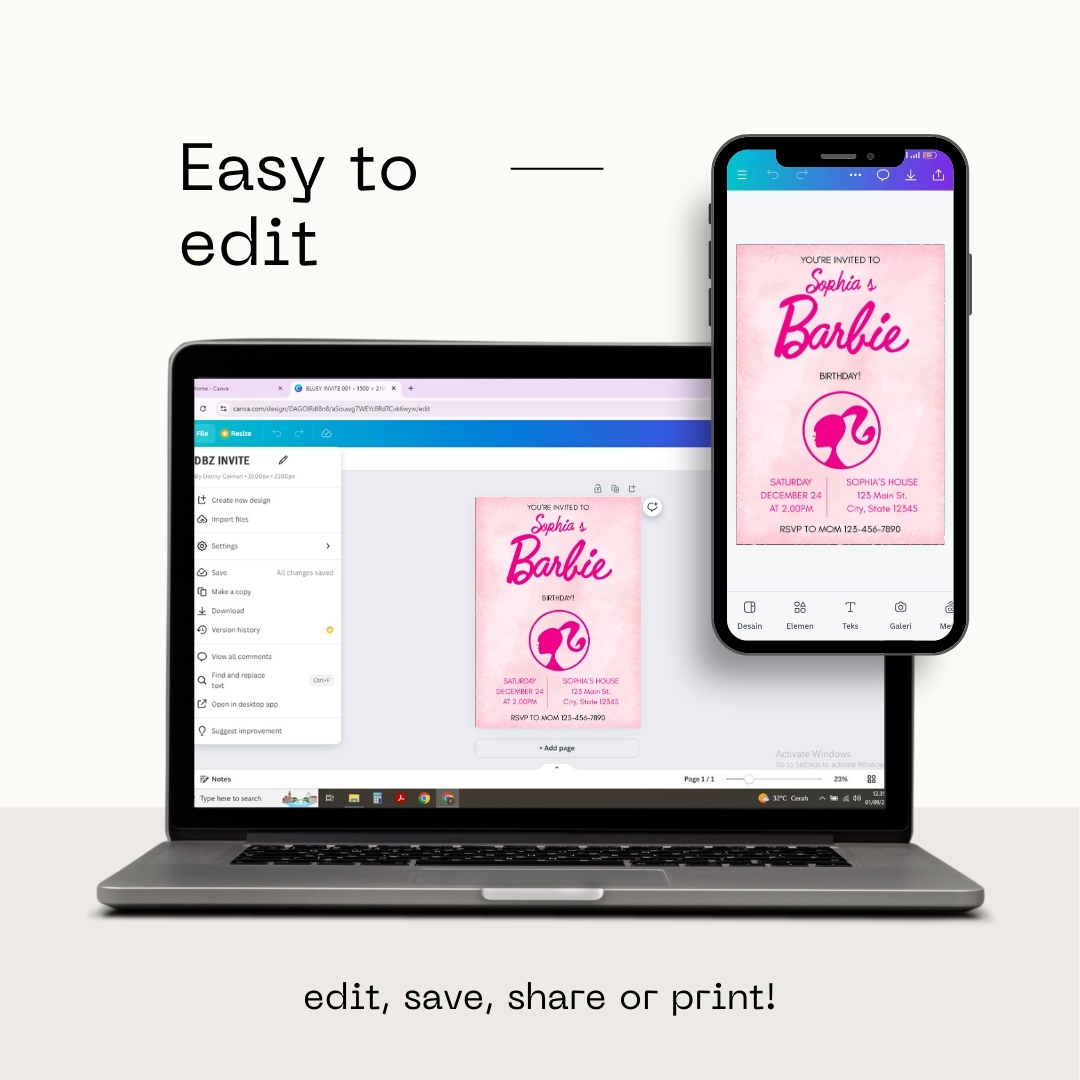 Modern Graphic Barbie "Let's Go Party" Invitation Template | Editable Canva