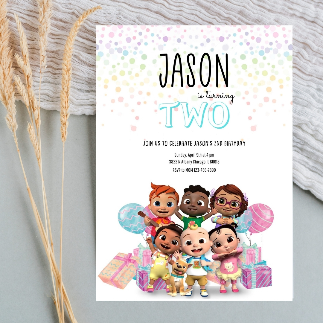 Simple CoComelon 2nd Birthday Invitation Template | Clean & Editable Canva Design