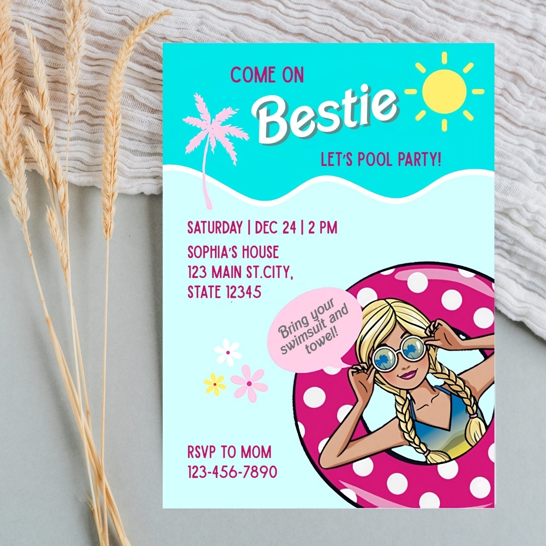 Editable Barbie Pool Party Birthday Invitation Template