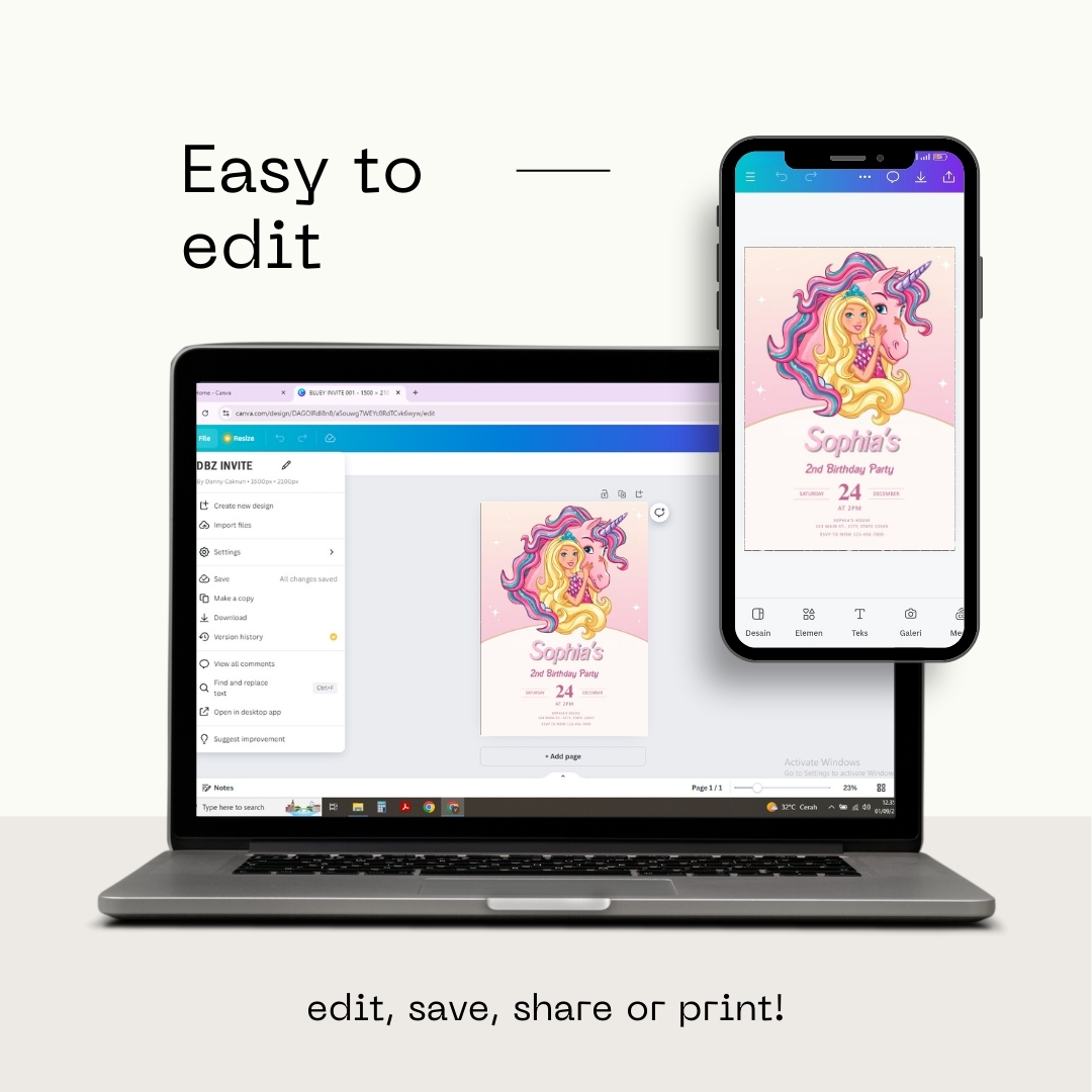 Elegant Pink Barbie 2nd Birthday Invitation Template | Canva Editable