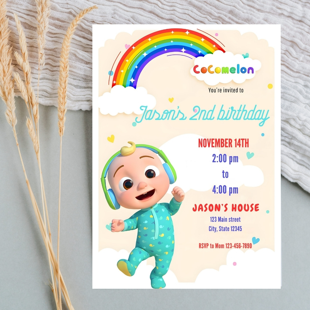 CoComelon 2nd Birthday Invitation Template | "You're Invited" Editable Canva