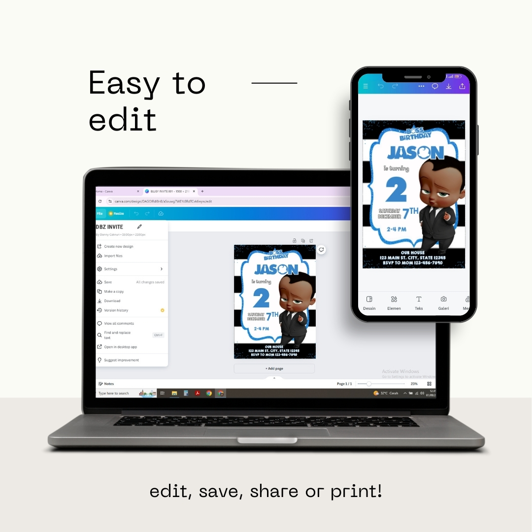 Editable Boss Baby 2nd Birthday Invitation Template | Canva Template