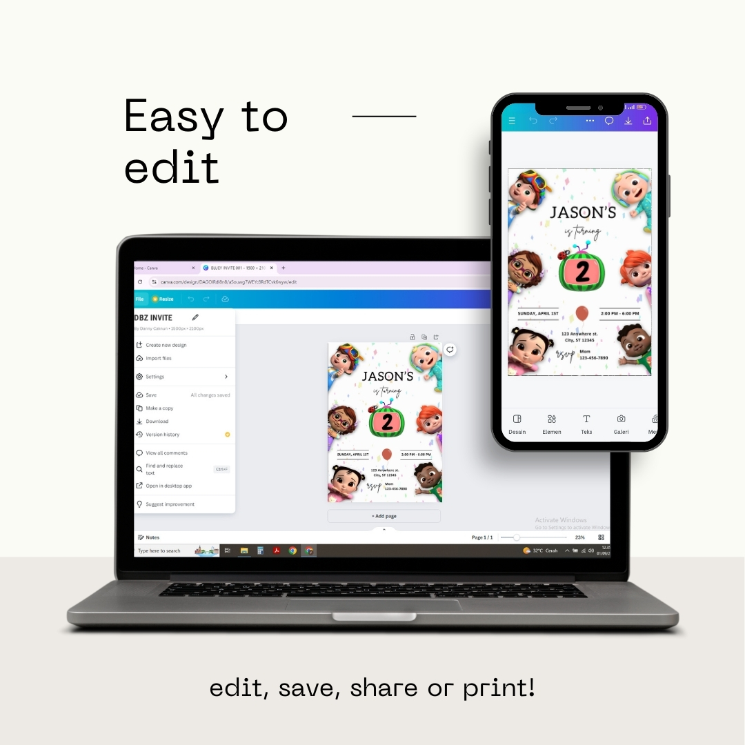 CoComelon 2nd Birthday Invitation Template | Editable Canva Digital Download