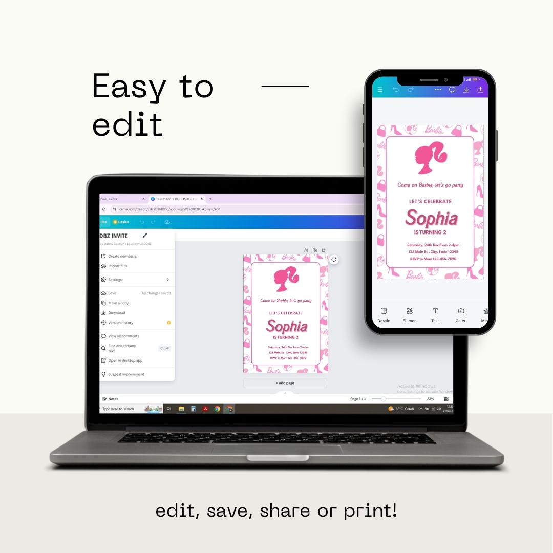 Modern Graphic Barbie "Let's Go Party" Invitation Template | Editable Canva