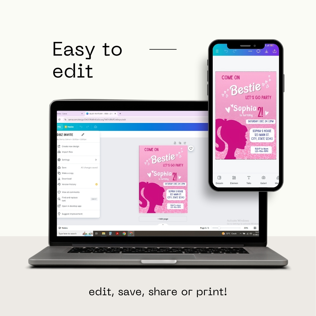 Modern Graphic Barbie "Let's Go Party" Invitation Template | Editable Canva