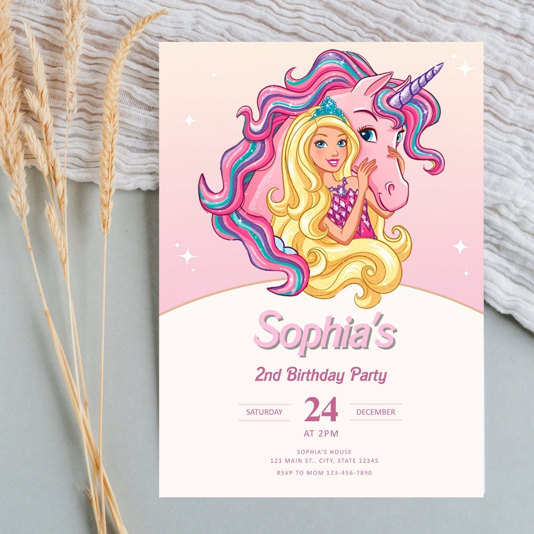 Elegant Pink Barbie 2nd Birthday Invitation Template | Canva Editable