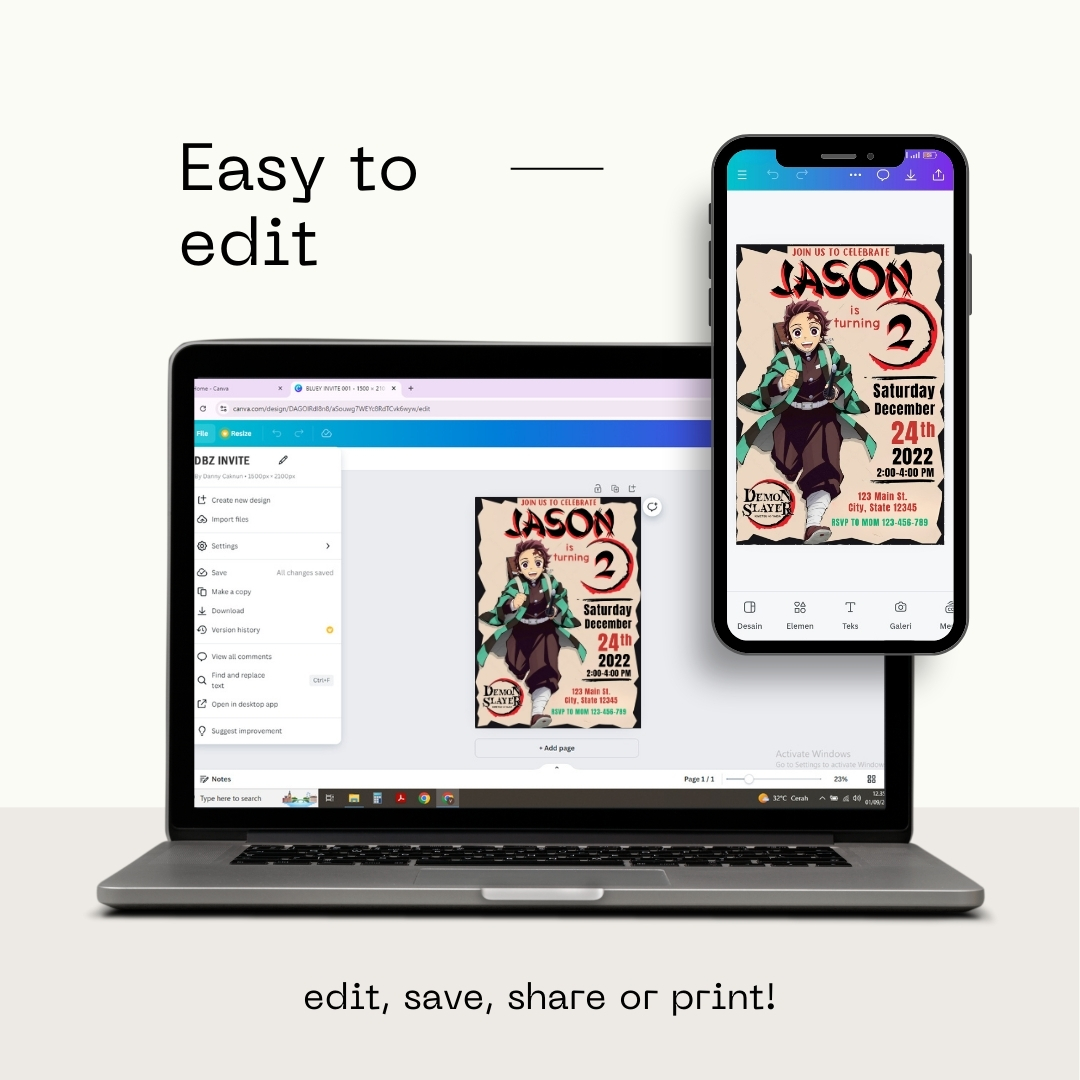 Demon Slayer (Kimetsu no Yaiba) Birthday Invitation Template | Editable Canva