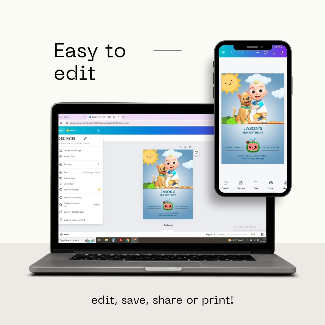 Minimalist CoComelon 3rd Birthday Invitation | Simple Text-Based Canva Template