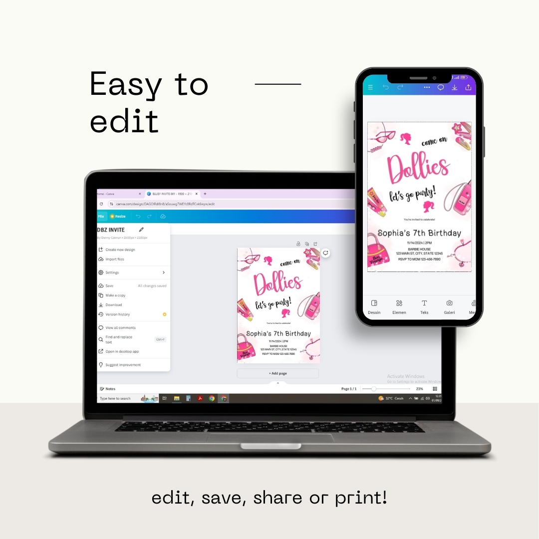 Modern Graphic Barbie "Let's Go Party" Invitation Template | Editable Canva