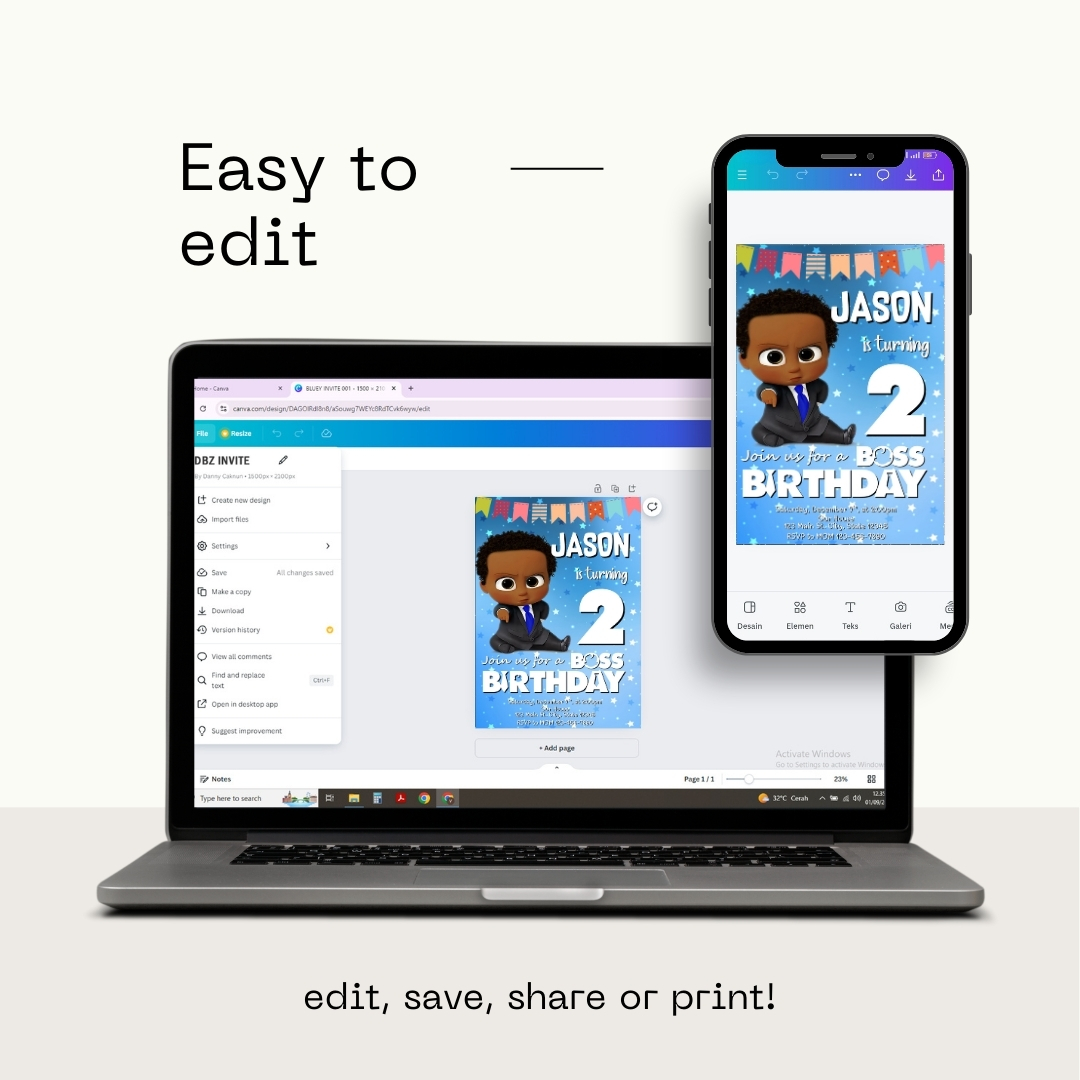 Editable Boss Baby 2nd Birthday Invitation Template | Canva Template