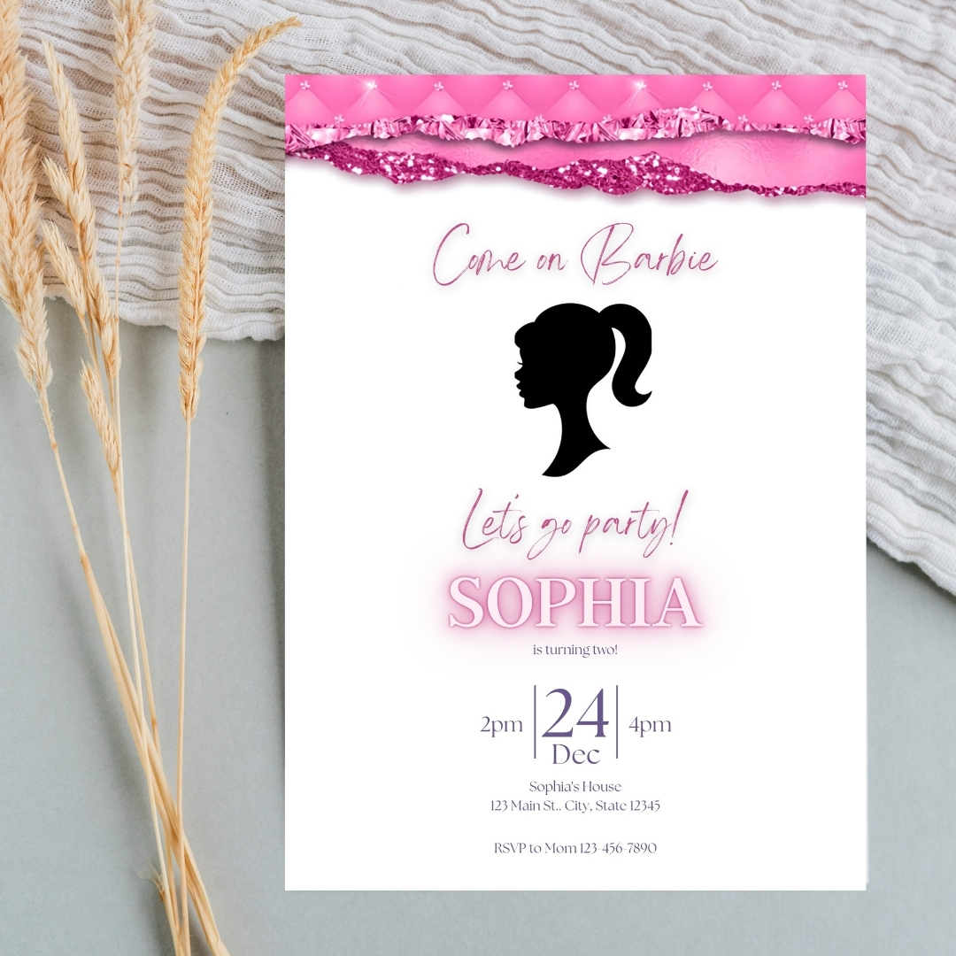 Modern Graphic Barbie "Let's Go Party" Invitation Template | Editable Canva