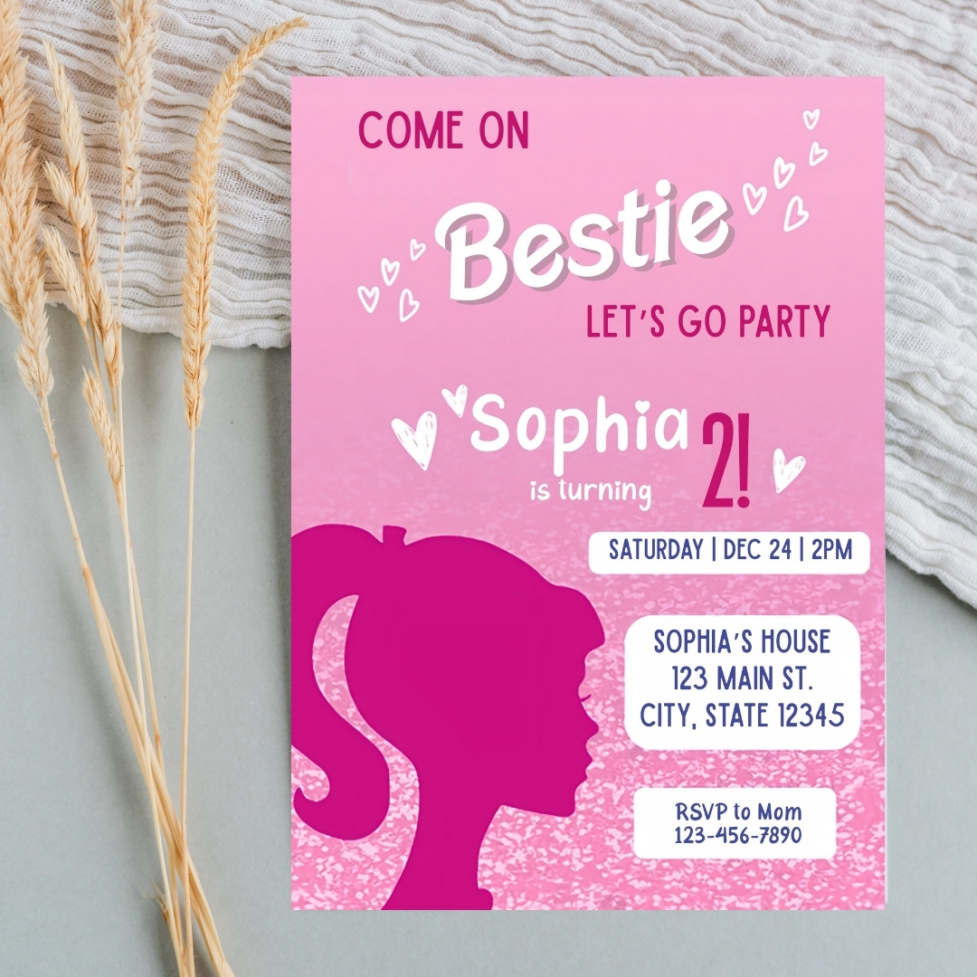 Modern Graphic Barbie "Let's Go Party" Invitation Template | Editable Canva