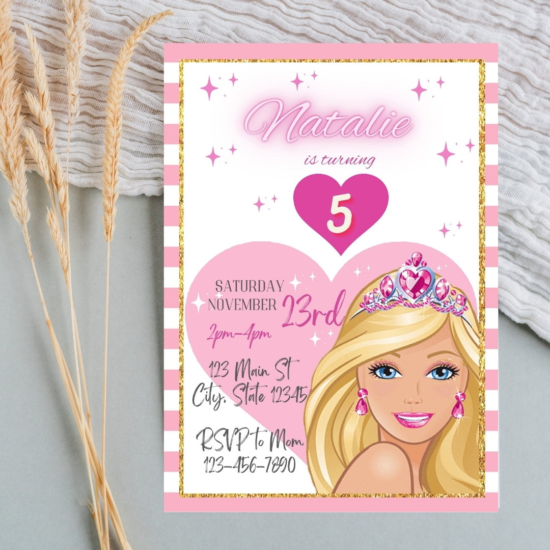 Modern Graphic Barbie "Let's Go Party" Invitation Template | Editable Canva