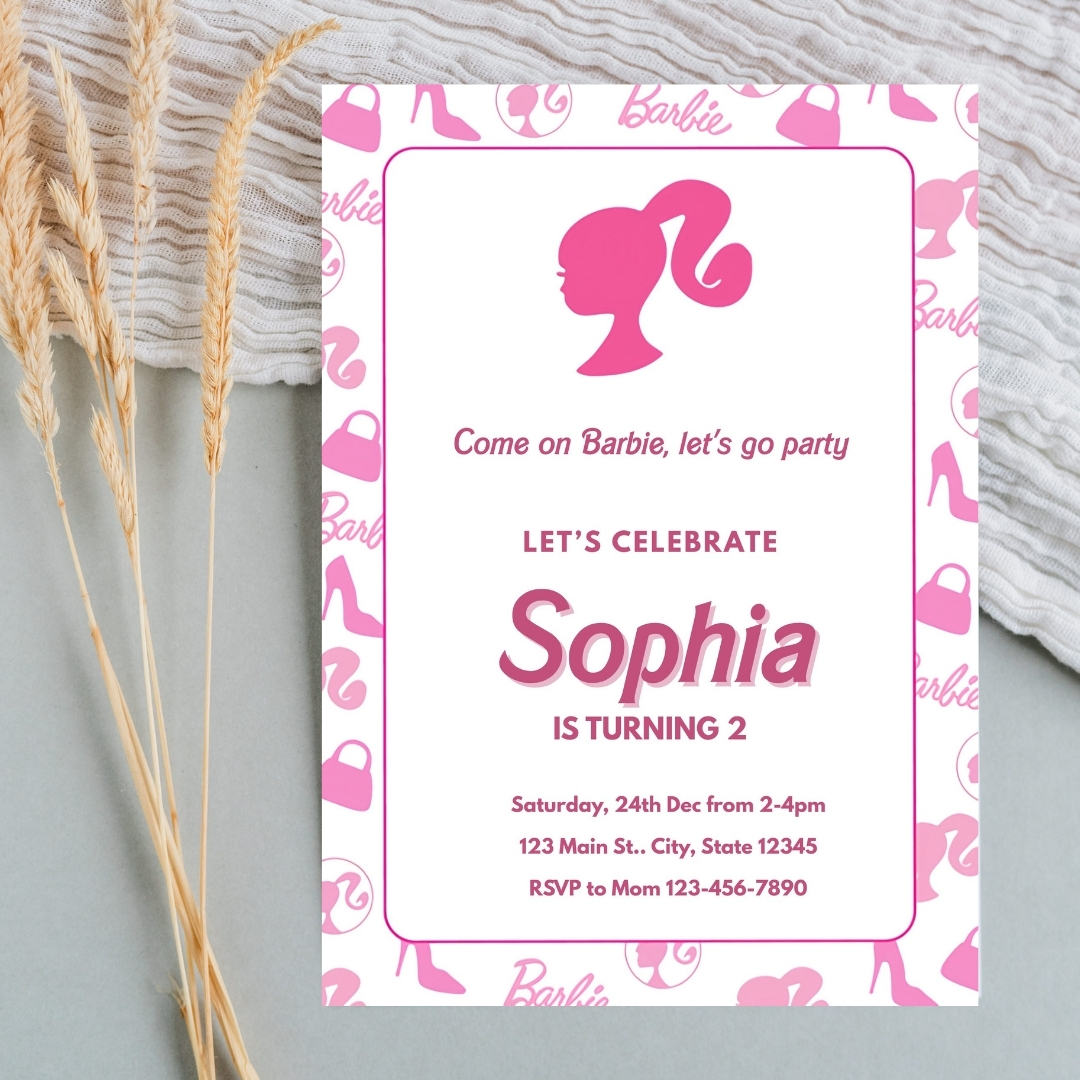Modern Graphic Barbie "Let's Go Party" Invitation Template | Editable Canva