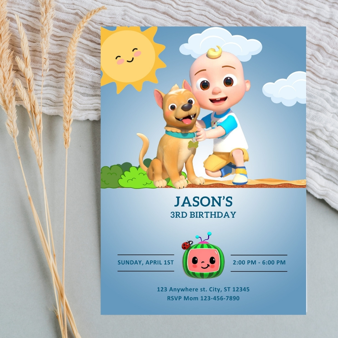 Minimalist CoComelon 3rd Birthday Invitation | Simple Text-Based Canva Template