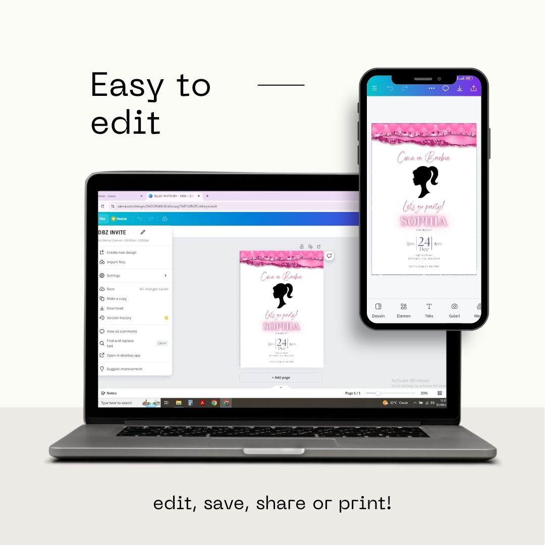 Modern Graphic Barbie "Let's Go Party" Invitation Template | Editable Canva