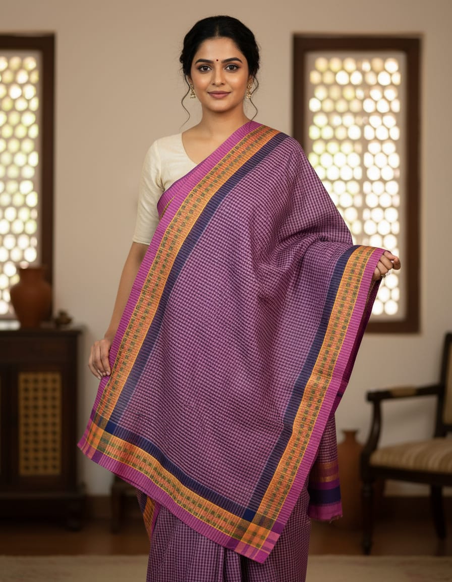 Purple Small Check Saree with Zari Border