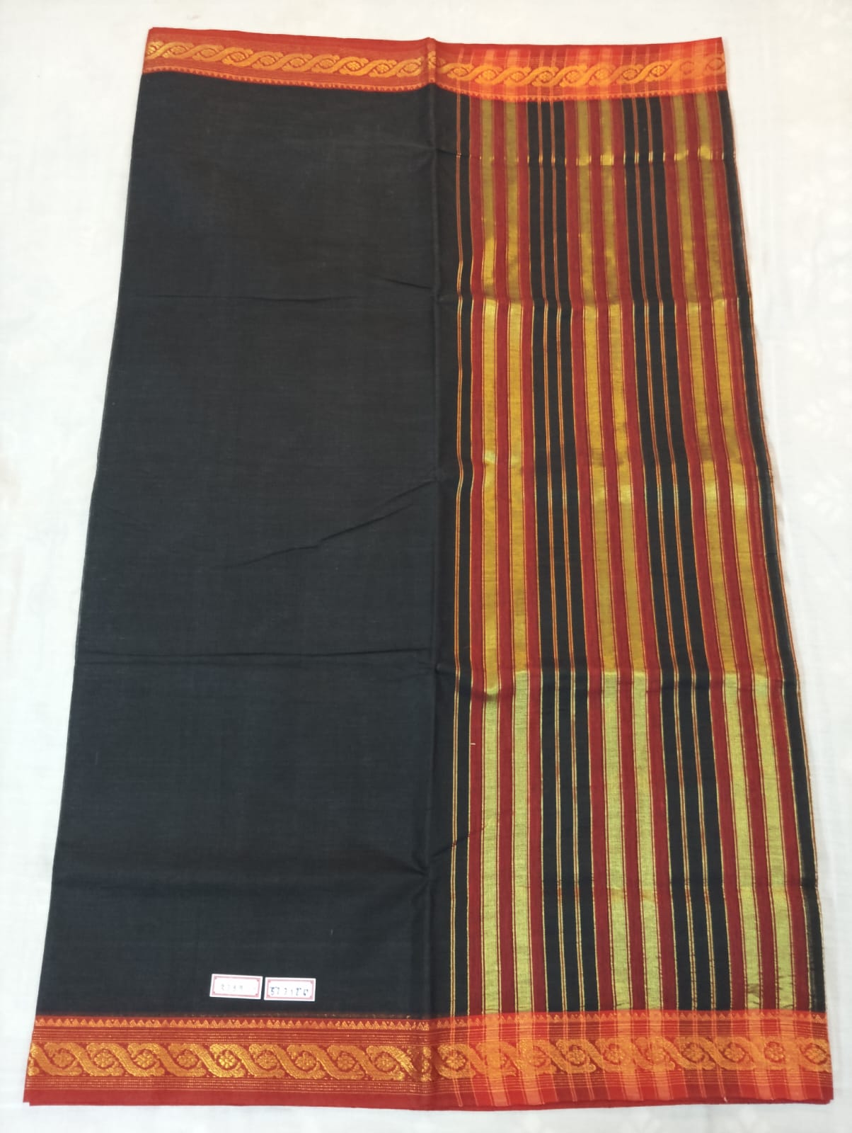 Elegant Black Saree with Red Border & Golden Striped Anchal