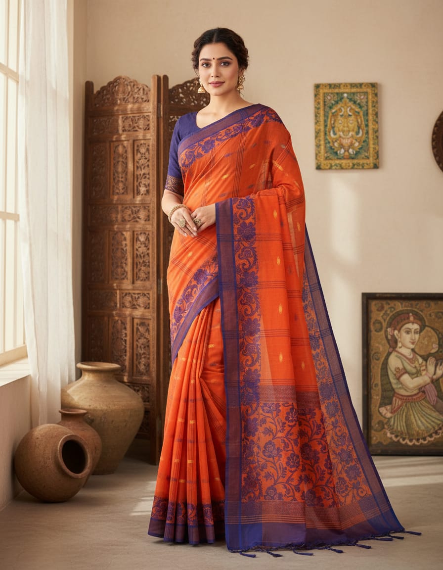 Orange Buti Handloom Cotton Saree with Delicate Woven Motifs