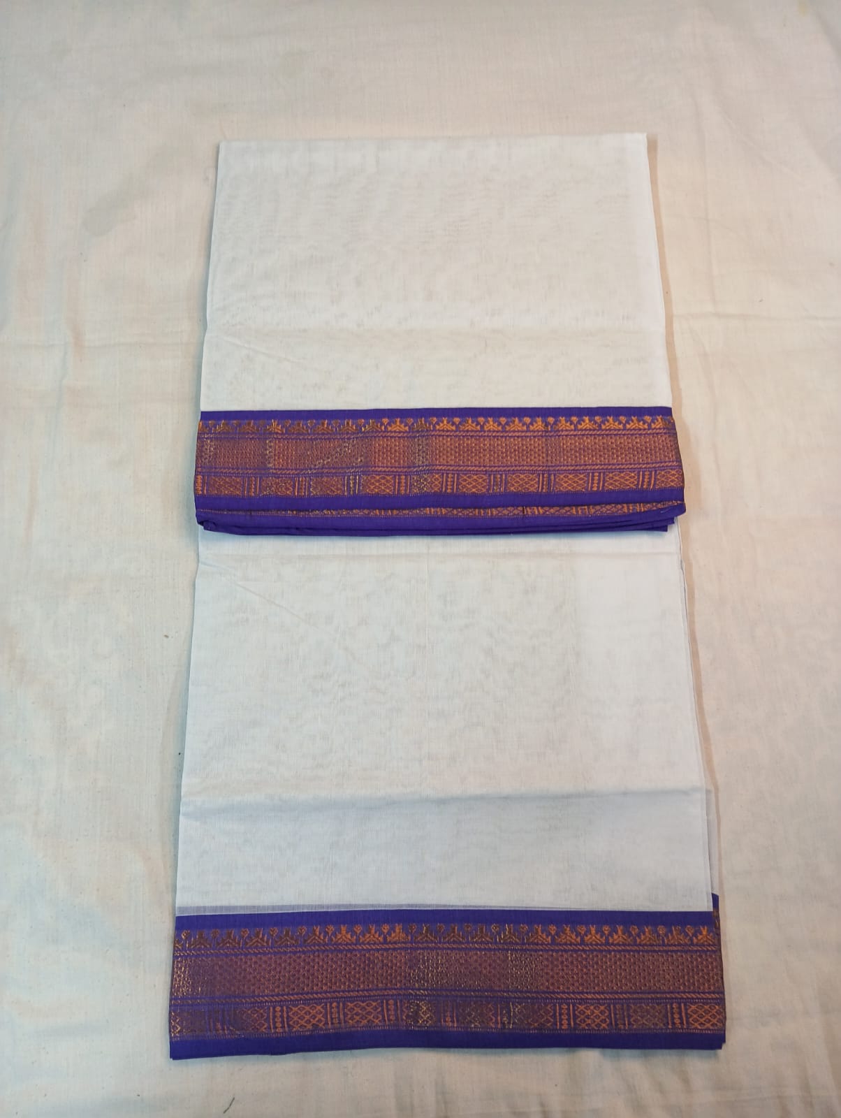 Elegant White Saree with Purple & Golden Border (With Blouse Piece)