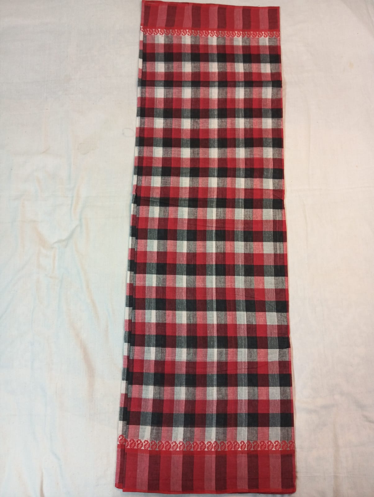 Double Color Black & Red Medium Check Saree with Red Border