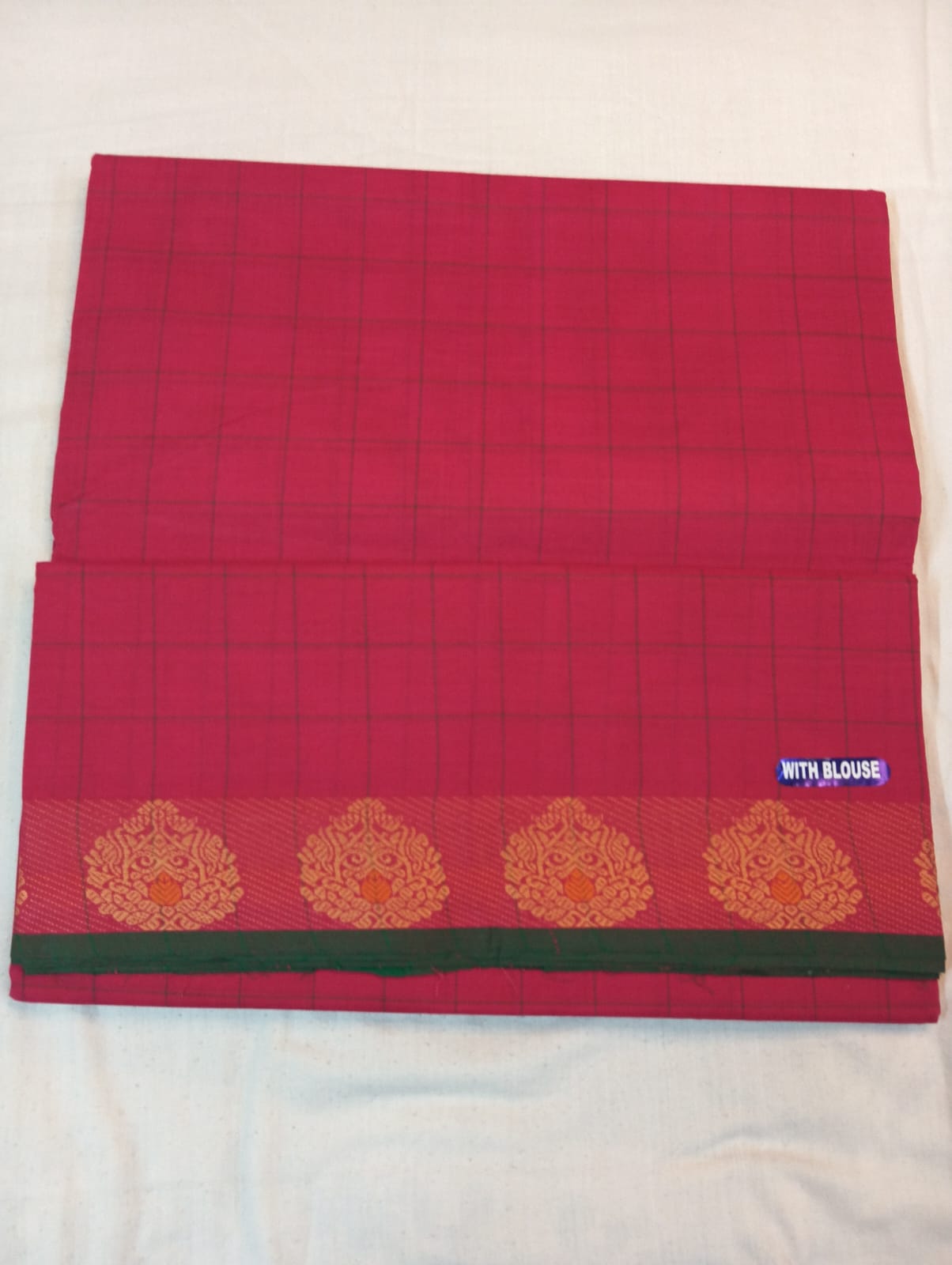 Rani Color Medium Check Saree with Green & Golden Fancy Border (With Blouse Piece)