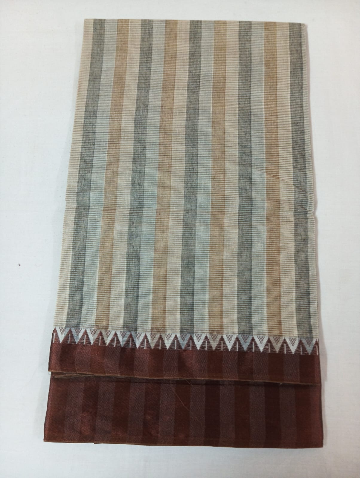 Grey & Biscuity Double-Coloured Striped Cotton Handloom Saree with Coffee Border