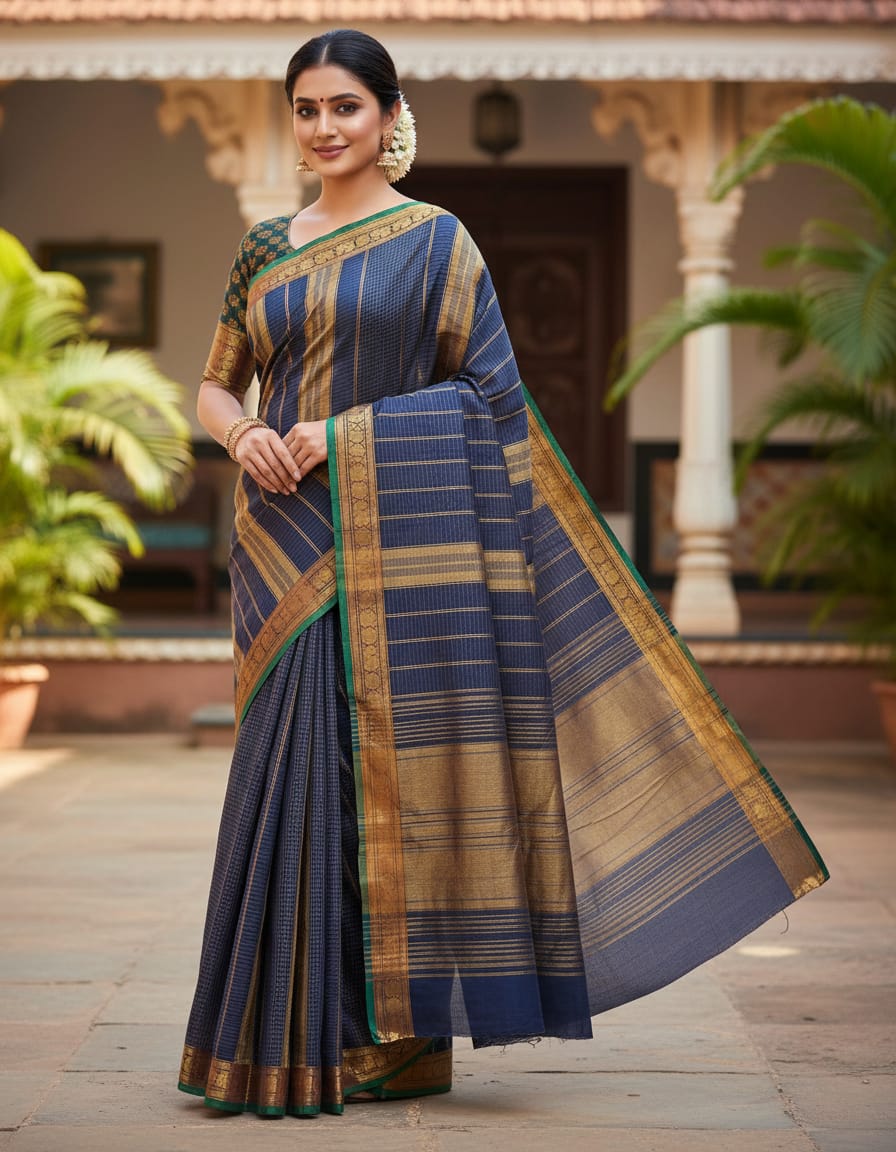Dark Violet Check Saree with Golden Border (With Blouse Piece)