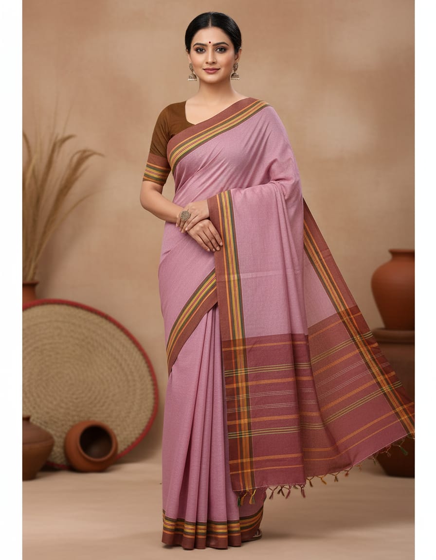 Light Pink Saree with Maroon Striped Border