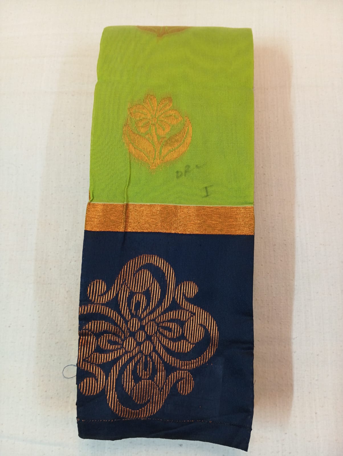 Banana Leaf Green Handloom Saree with Golden Buti and Black Border
