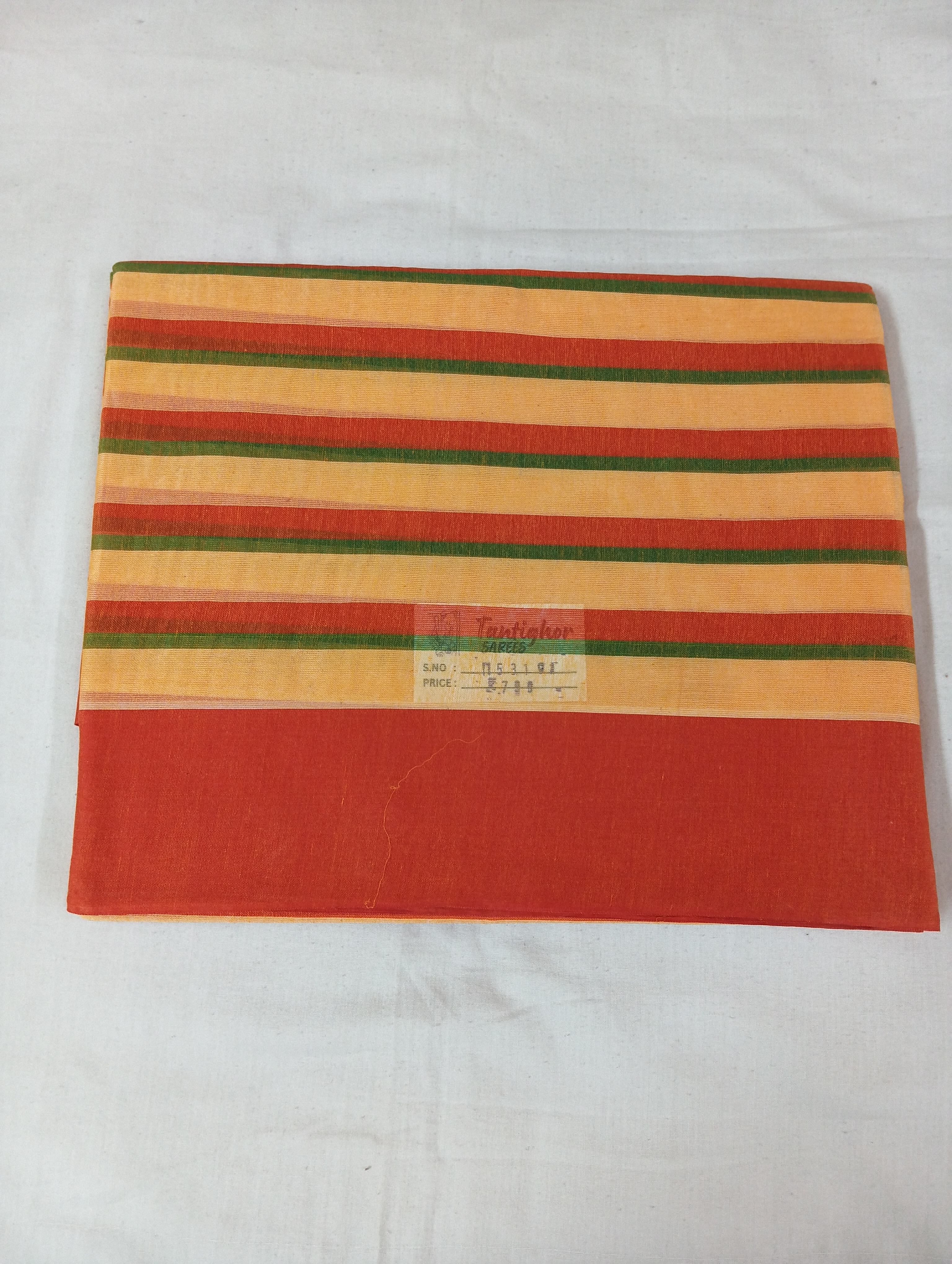 Biscuity Tone Mixed Stripe Saree Finished with a Vibrant Red Border