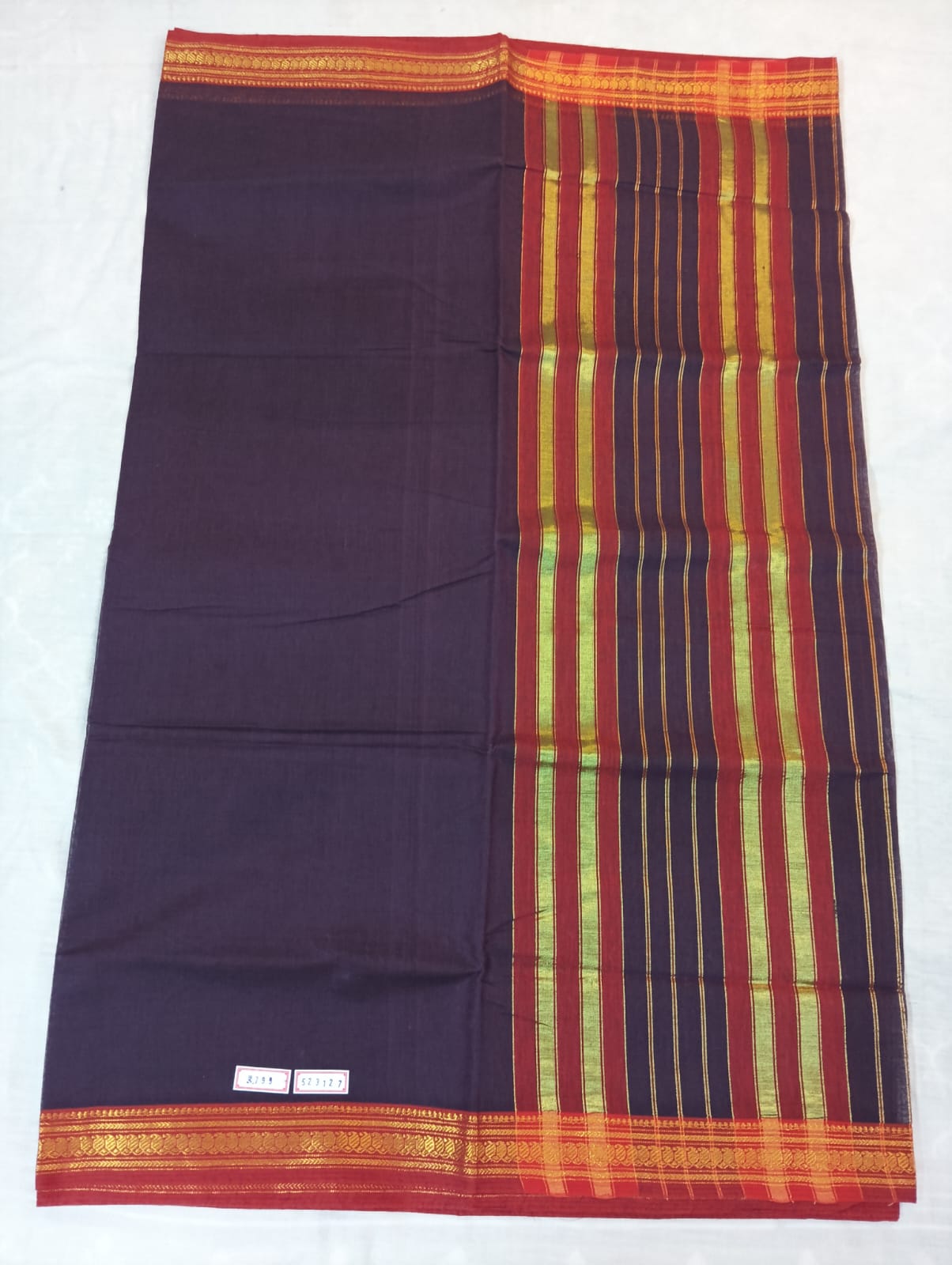 Dark Violet Saree with Red Border & Golden Striped Anchal