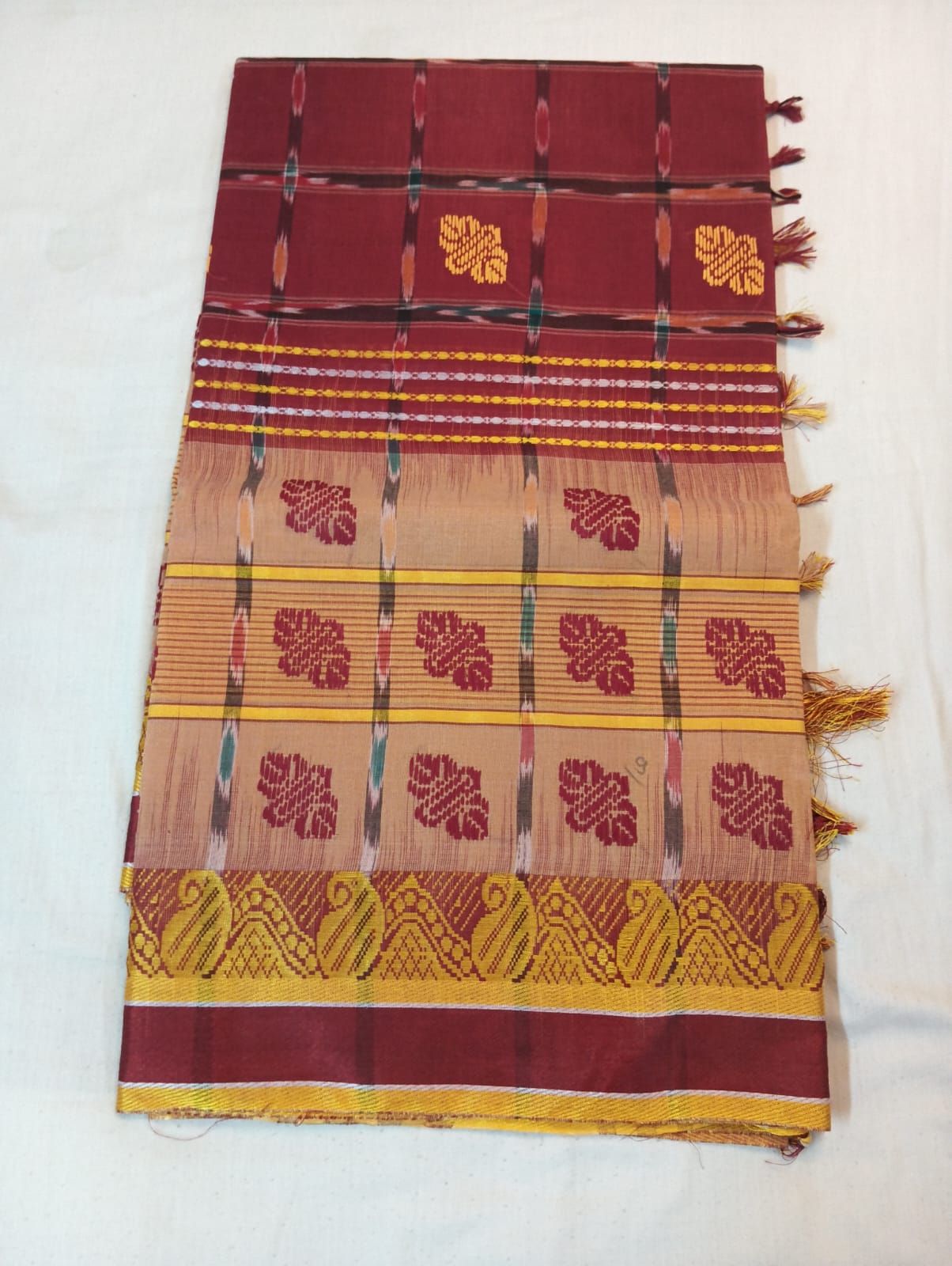 Biscuity & Maroon Handloom Kotki Saree with Golden Border and Maroon Buti