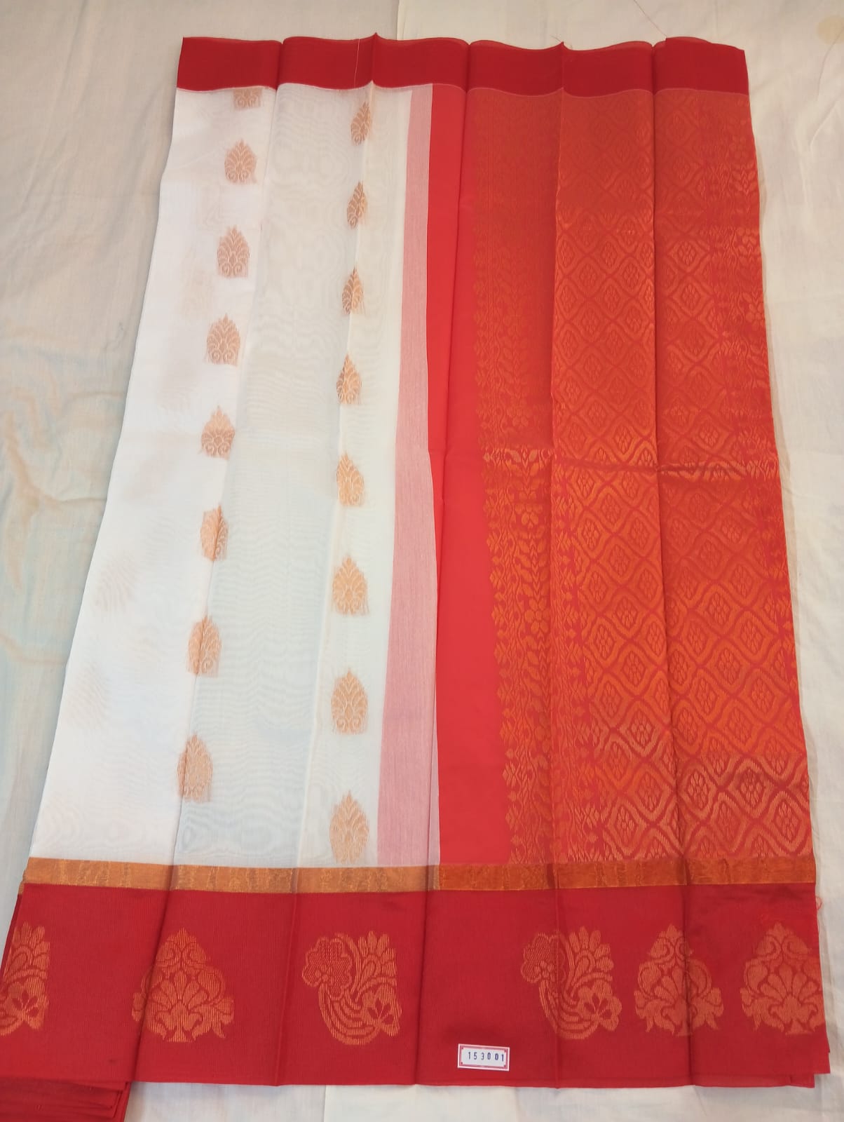 White Handloom Saree with Golden Buti and Red Border