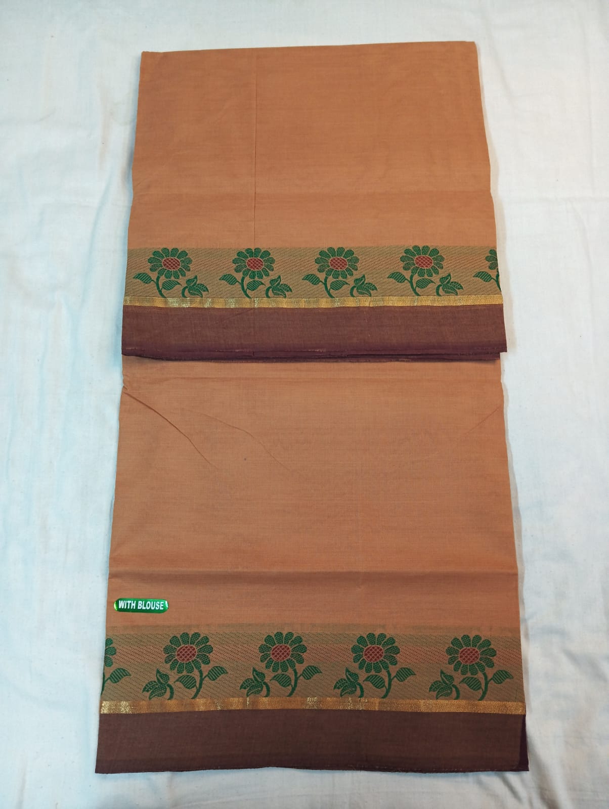 Biscuity Plain Saree with Coffee brown & Green Fancy Border (With Blouse Piece)