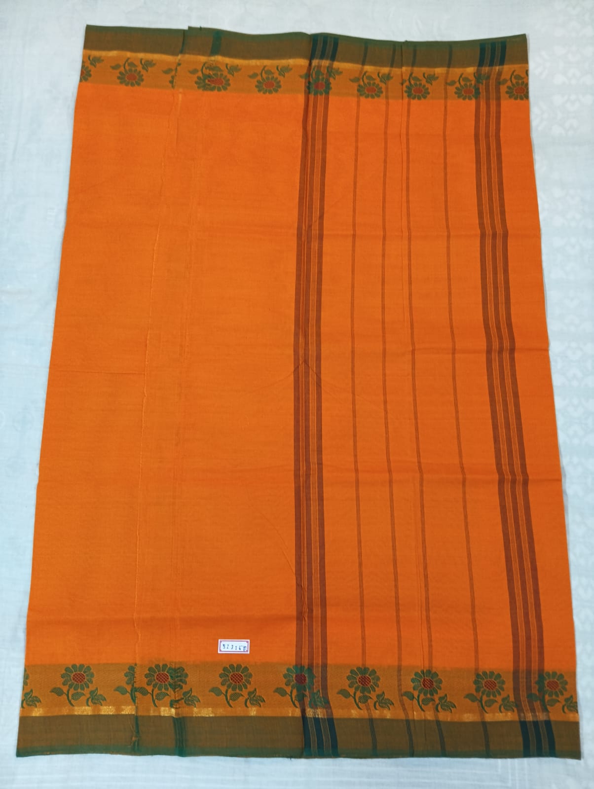Plain Orange Saree with Green Fancy Border (With Blouse Piece)