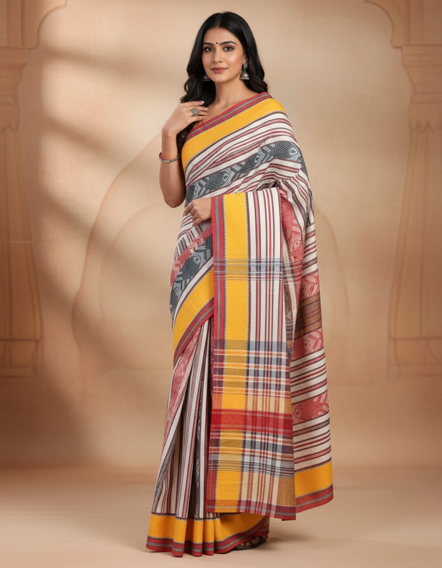 Cream Handloom Saree with Red & Grey Matsya Motifs and Yellow Border