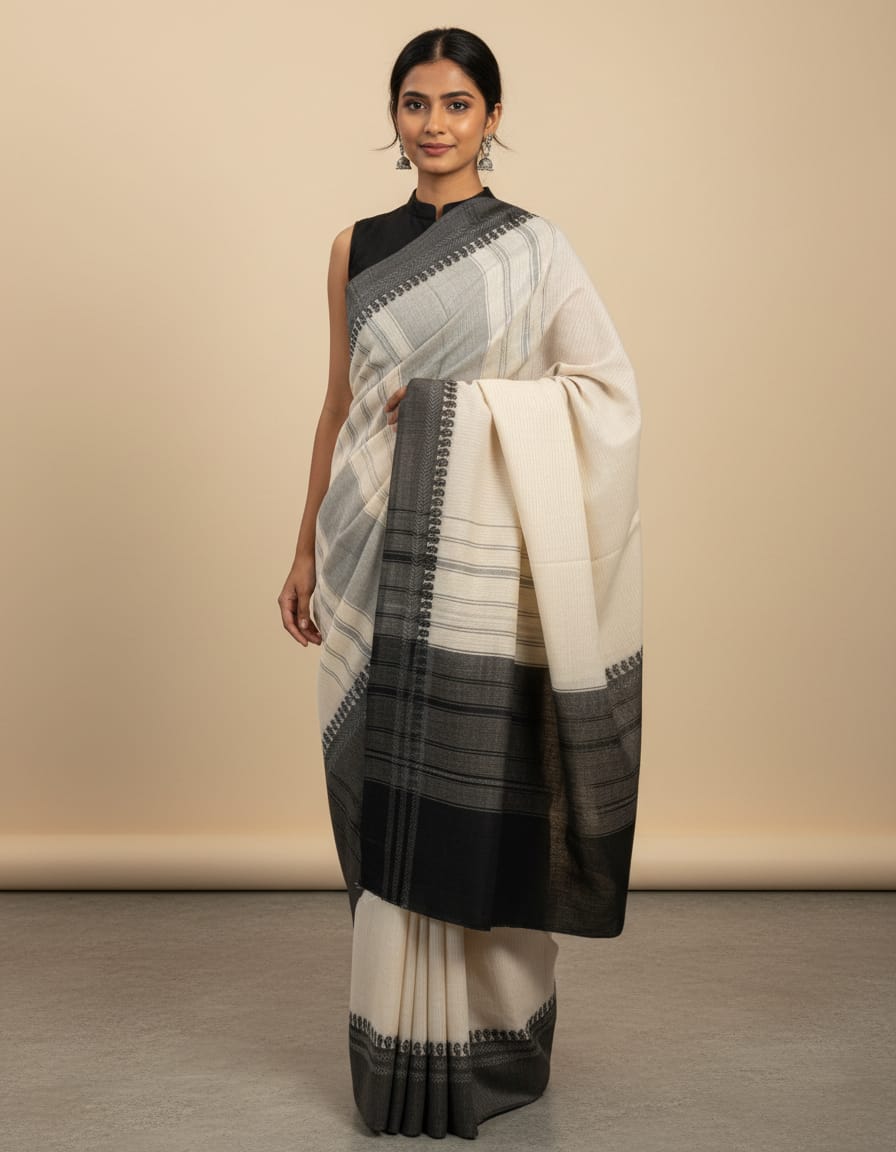 Cream Saree with Thick Dark Grey Border