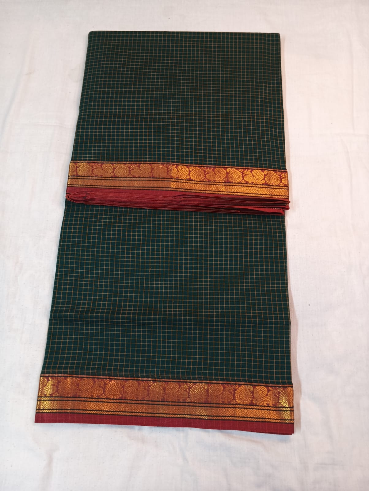 Bottle Green Check Saree with Red & Golden Border (With Blouse Piece)