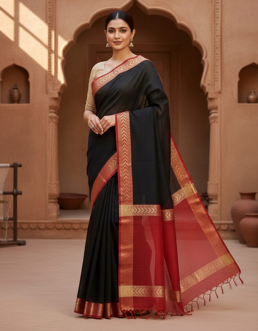 Black Saree with Golden Red Border