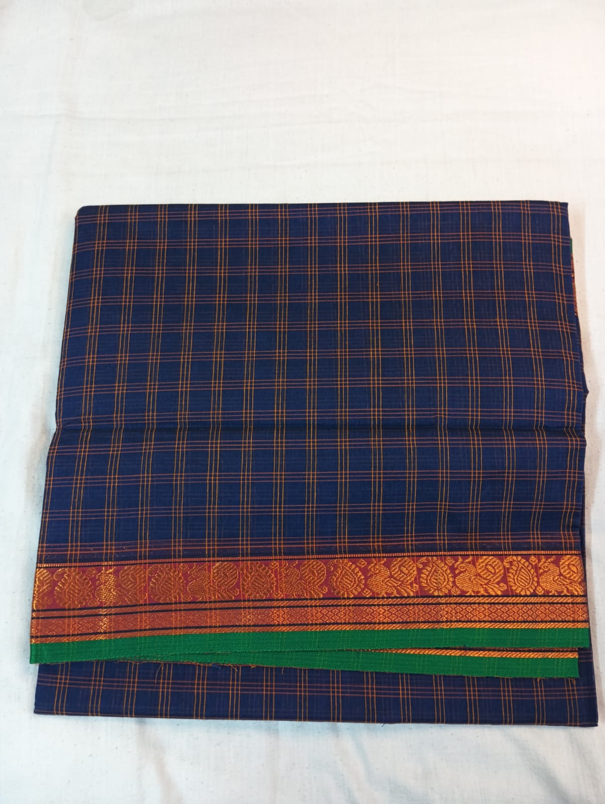Blue Medium Check Saree with Red & Golden Border (With Blouse Piece)