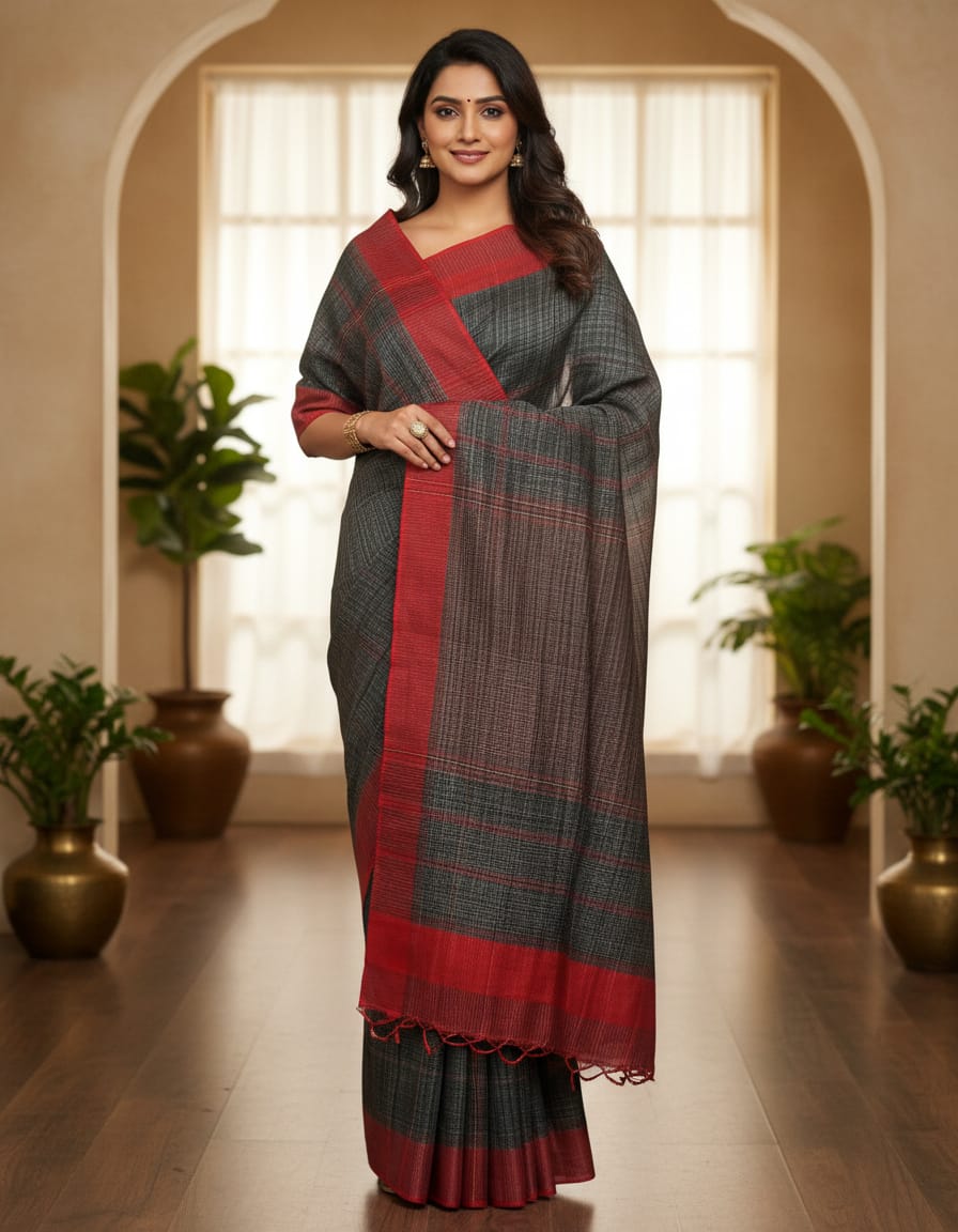 Small Chequered Dark Grey Saree with Red Border