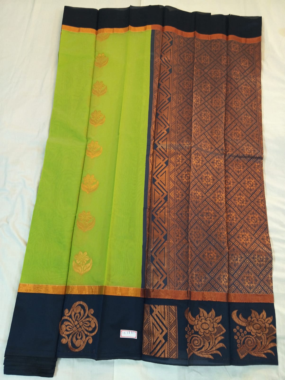Banana Leaf Green Handloom Saree with Golden Buti and Black Border