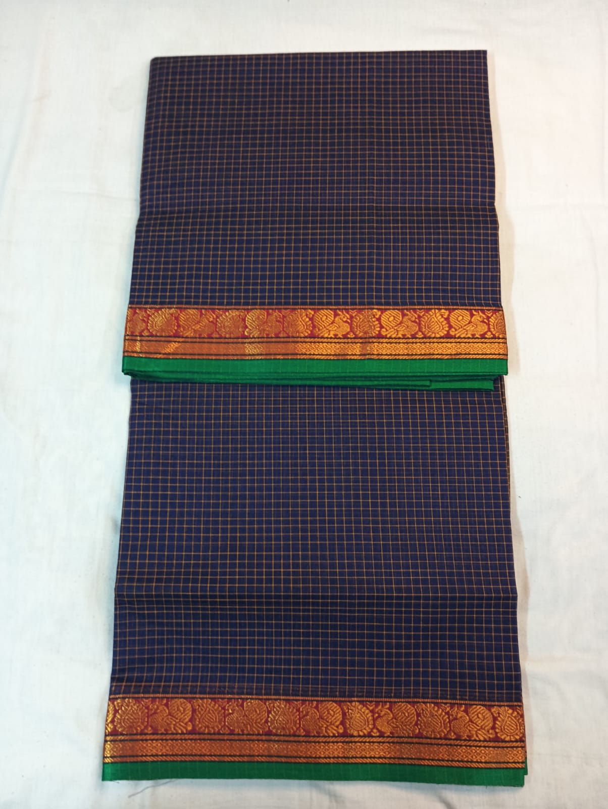 Purple Small Check Saree with Red & Golden Border (With Blouse Piece)