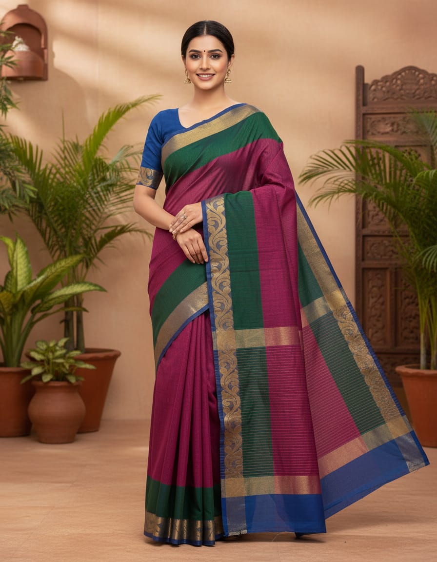 Magenta & Green Dual-Tone Striped Cotton Handloom Saree with Ferozi Designer Border