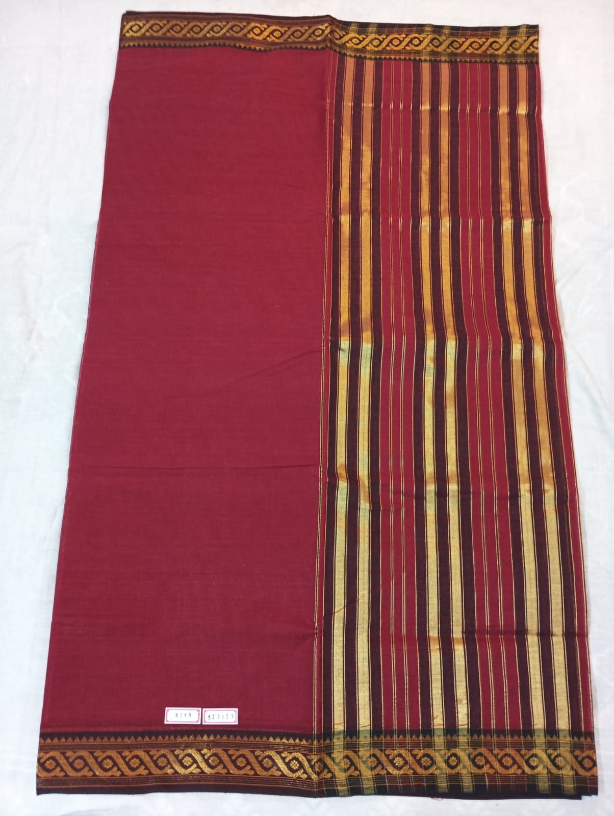 Reddish Maroon Saree with Golden Border & Golden Striped Anchal