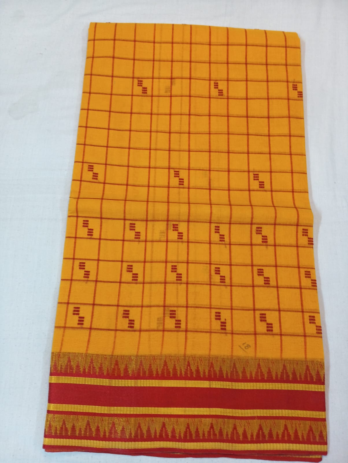 Yellow Half Checked & Half Plain Handloom Saree with Red Buti and Red Border